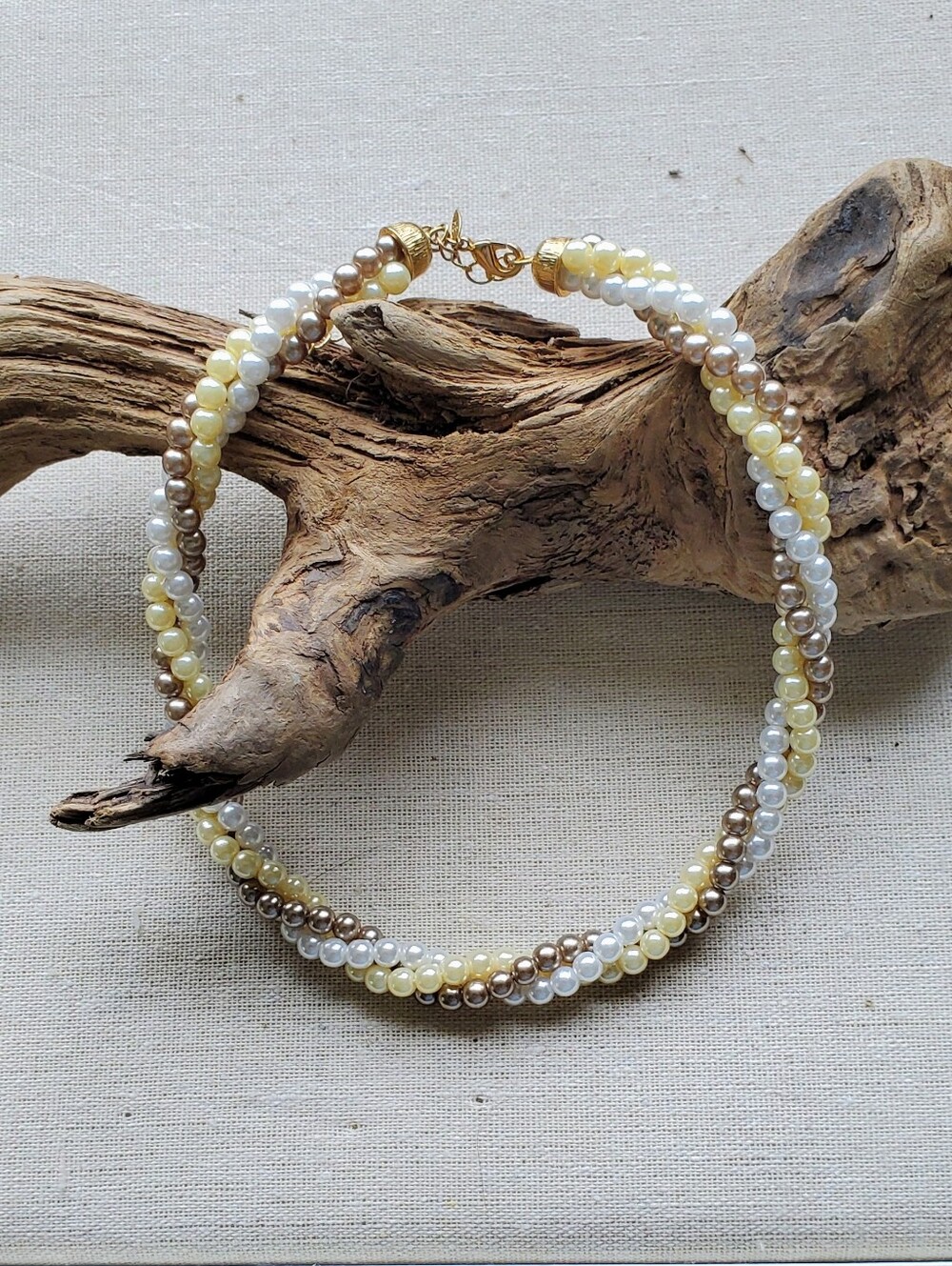 Vintage Avon Triple-Strand Twisted Faux Pearl Necklace  Cream, White & Champagne